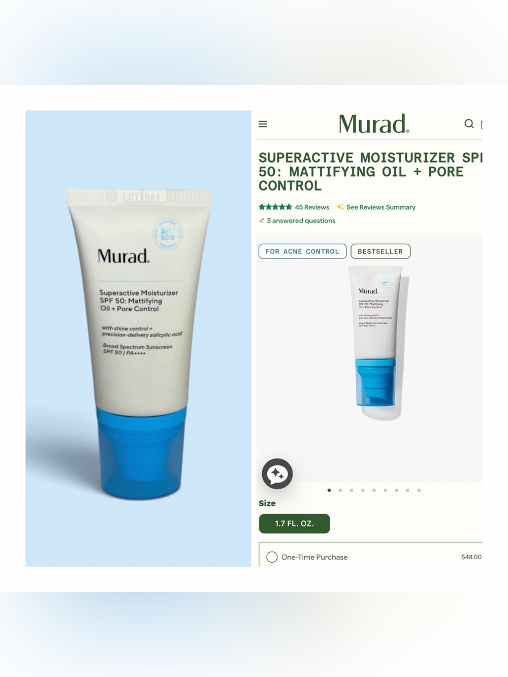 MURAD Superactive Mattifying Oil + Pore Control Moisturizer SPF 50